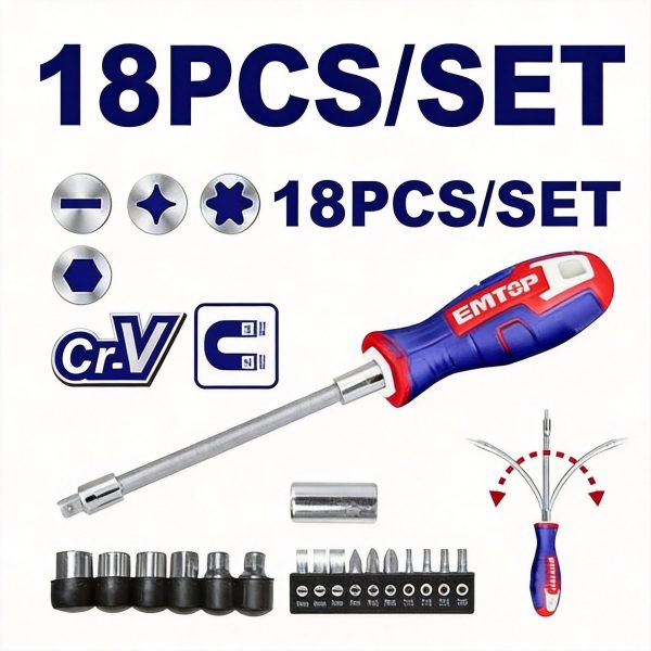 Juego de destornilladores con eje flexible, 18 piezas