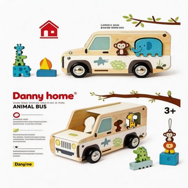 Autobús de madera con animales