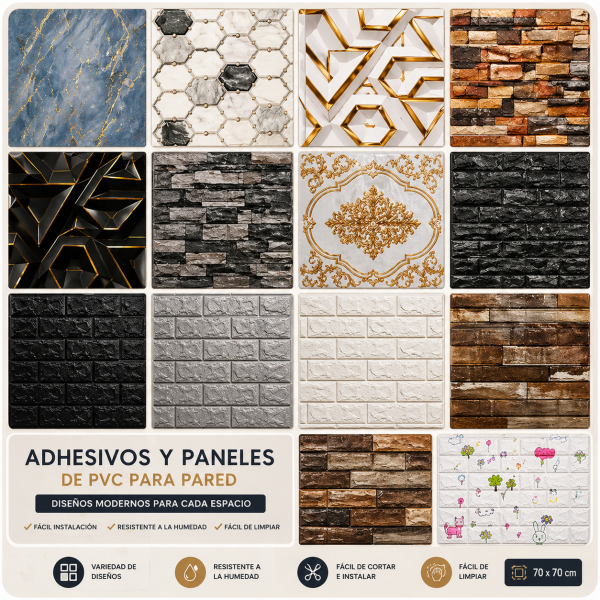 Adhesivos y Paneles de PVC para Pared – Diseños Decorativos 70x70 cm y Relieve 3D
