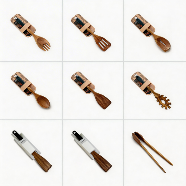 Set de utensilios de cocina de madera  (espátula, cuchara, brocha)